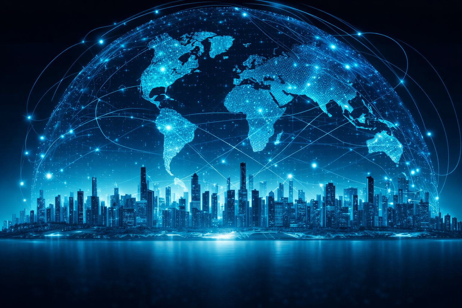 Digital globe of connected data points above an illuminated city skyline