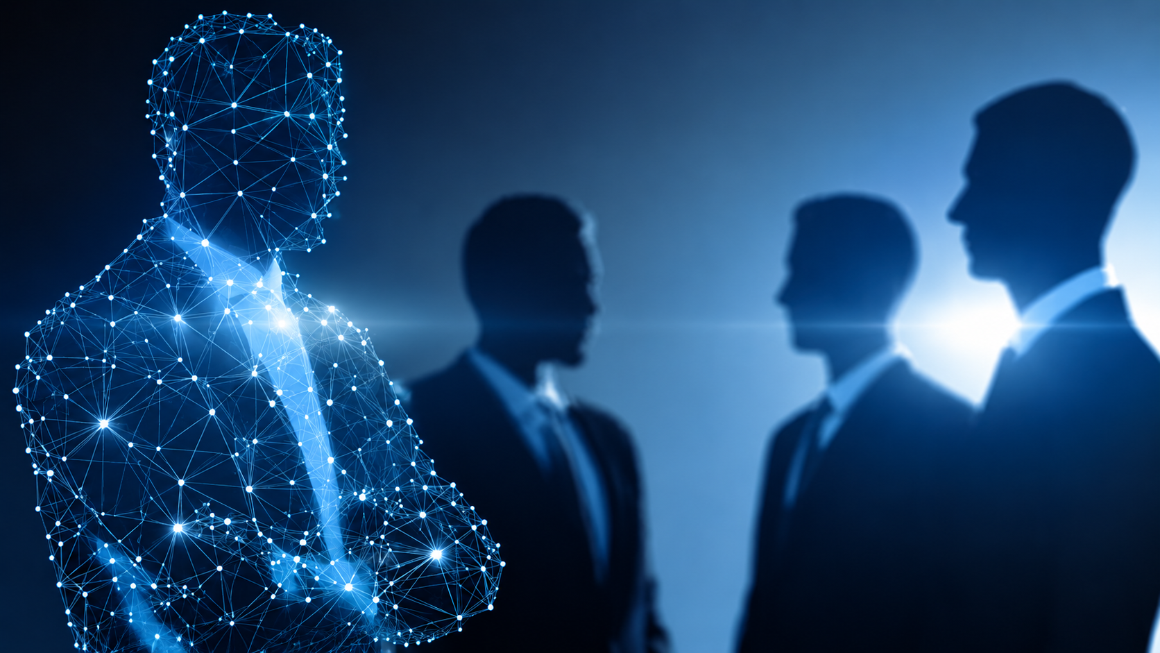 Digital executive figure beside silhouettes of business leaders