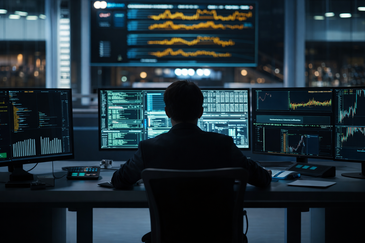 Operations analyst monitoring multiple data screens in a dark control room