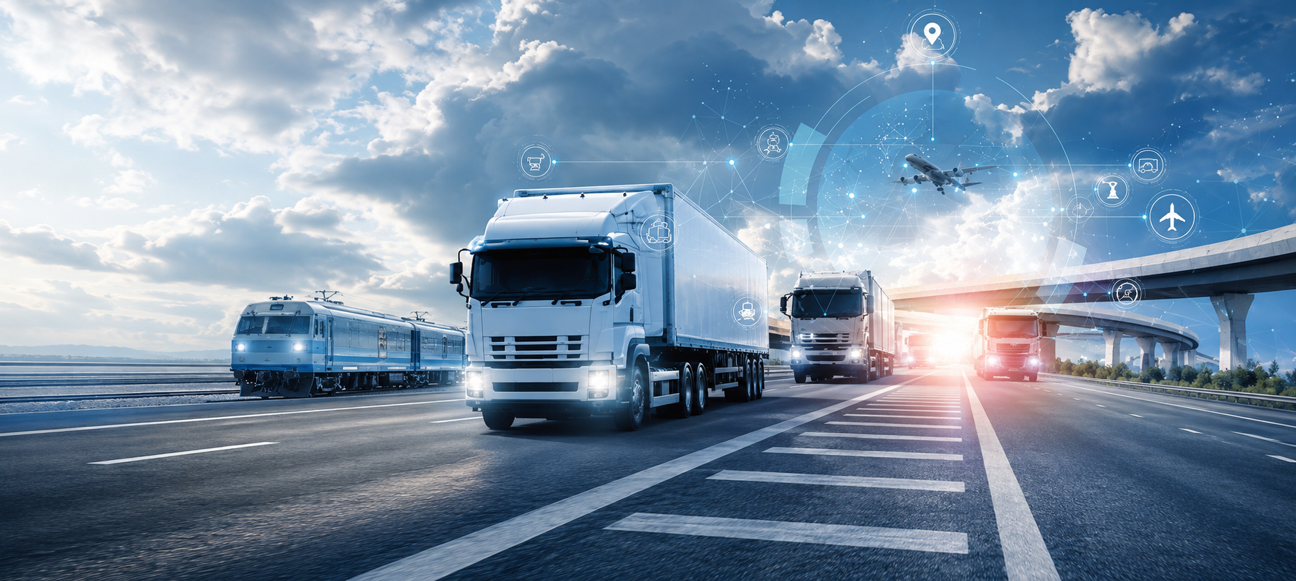 Freight trucks, rail, and air cargo moving along a highway corridor