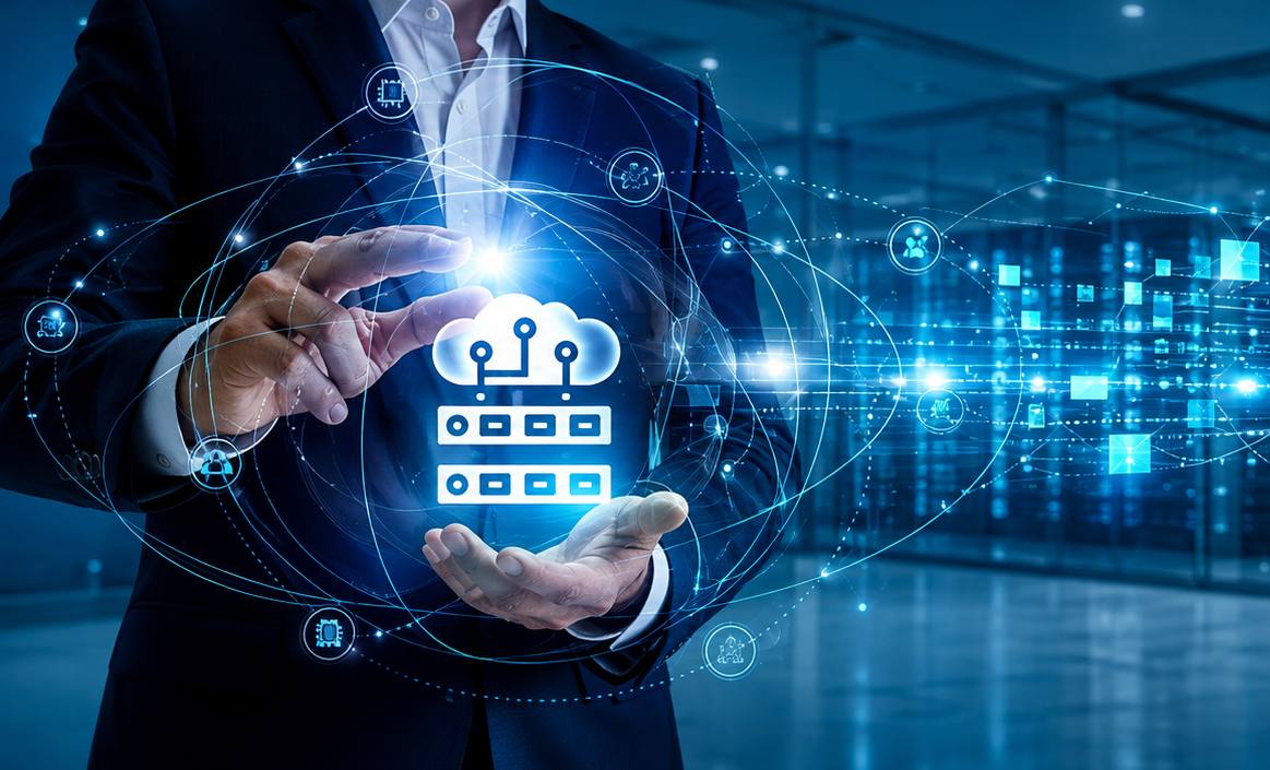 Executive holding a glowing cloud server icon inside a data center