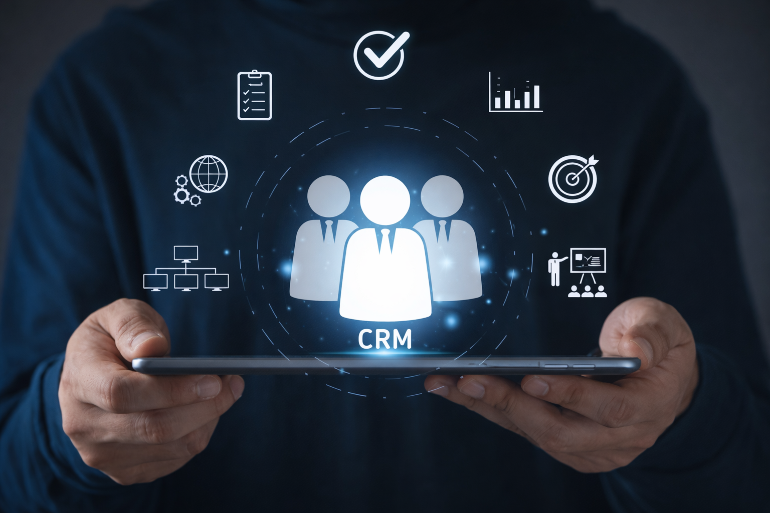 Person holding a tablet with a glowing CRM interface