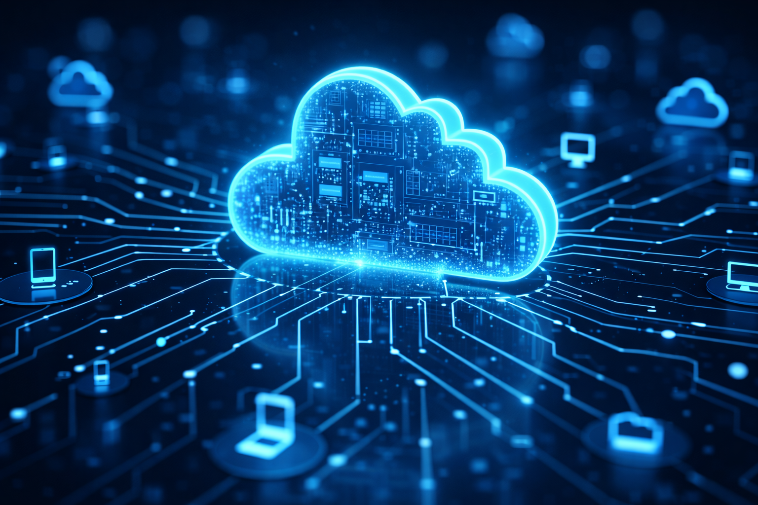 Glowing blue digital cloud connected to devices across a circuit board
