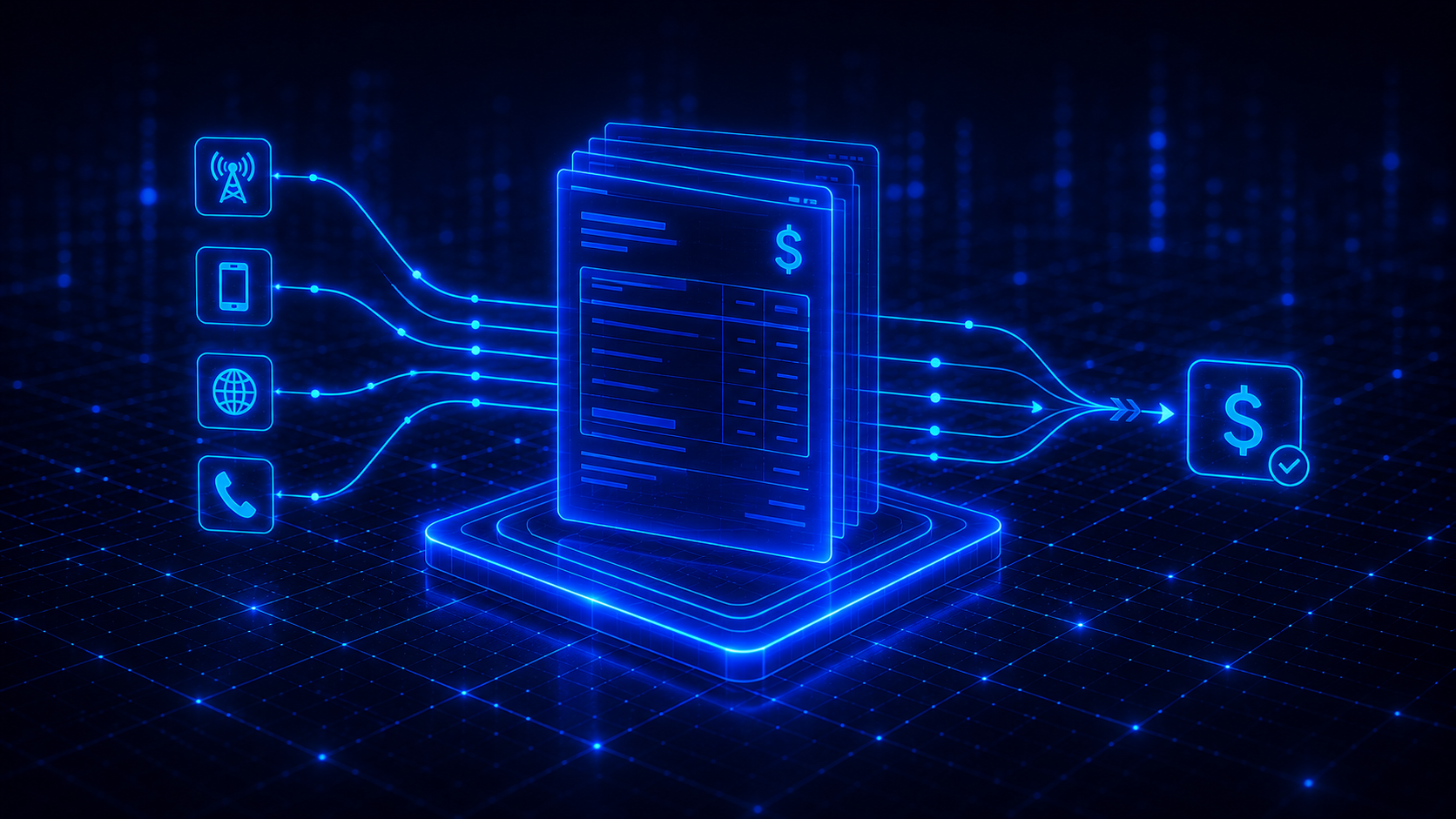 Glowing blue digital invoice consolidating multiple billing sources