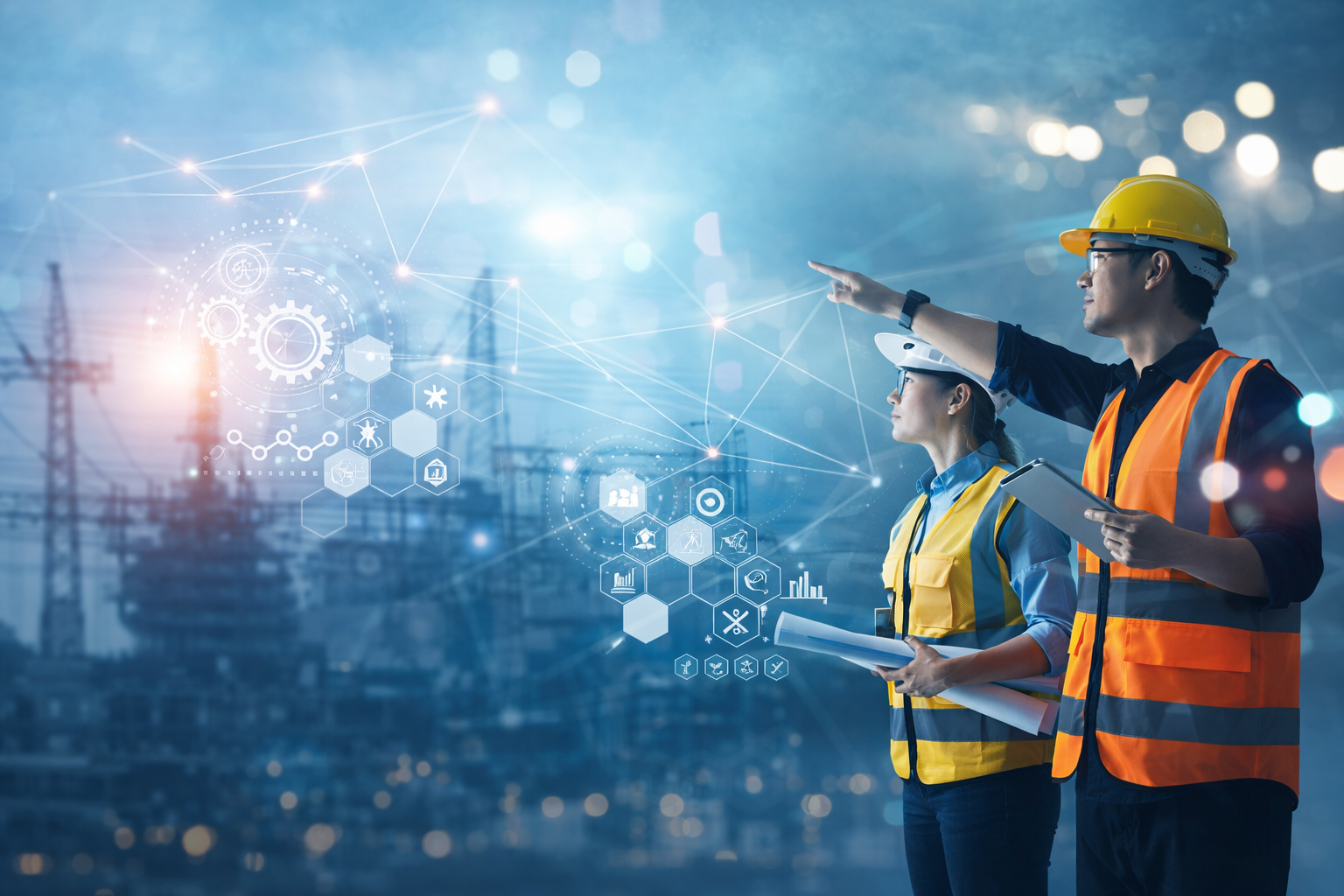 Field engineers reviewing digital operations data at an energy site