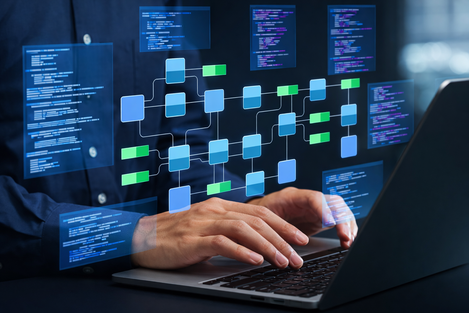 Developer at a laptop with a floating workflow diagram