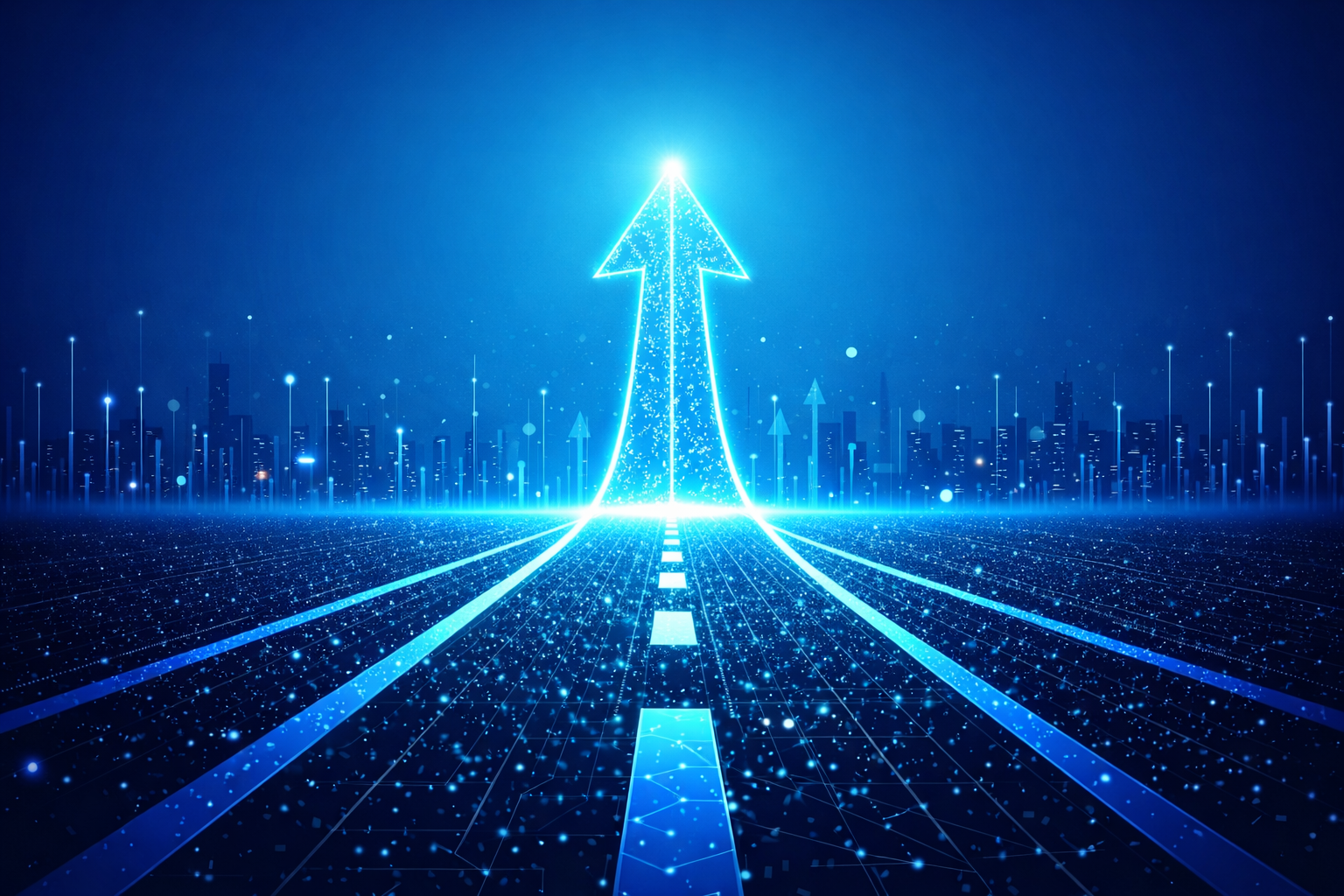 Glowing arrow rising above a digital city grid
