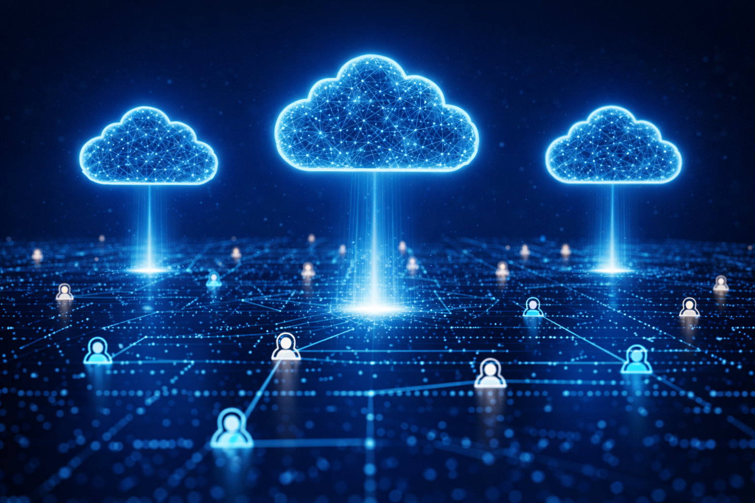 Glowing digital clouds connected to a network of users