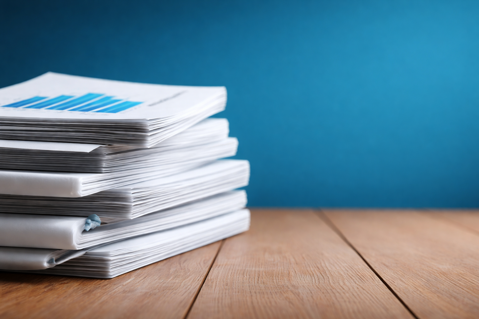 Stack of printed financial reports on a desk