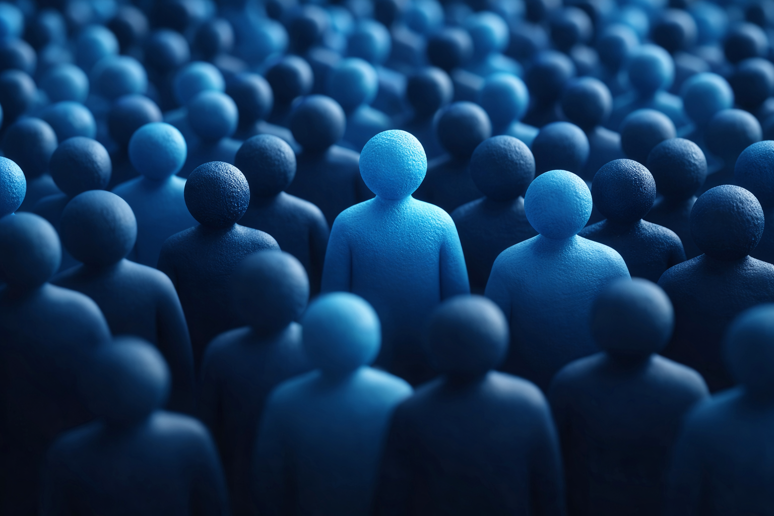 Crowd of blue figures with one highlighted, representing verified identity