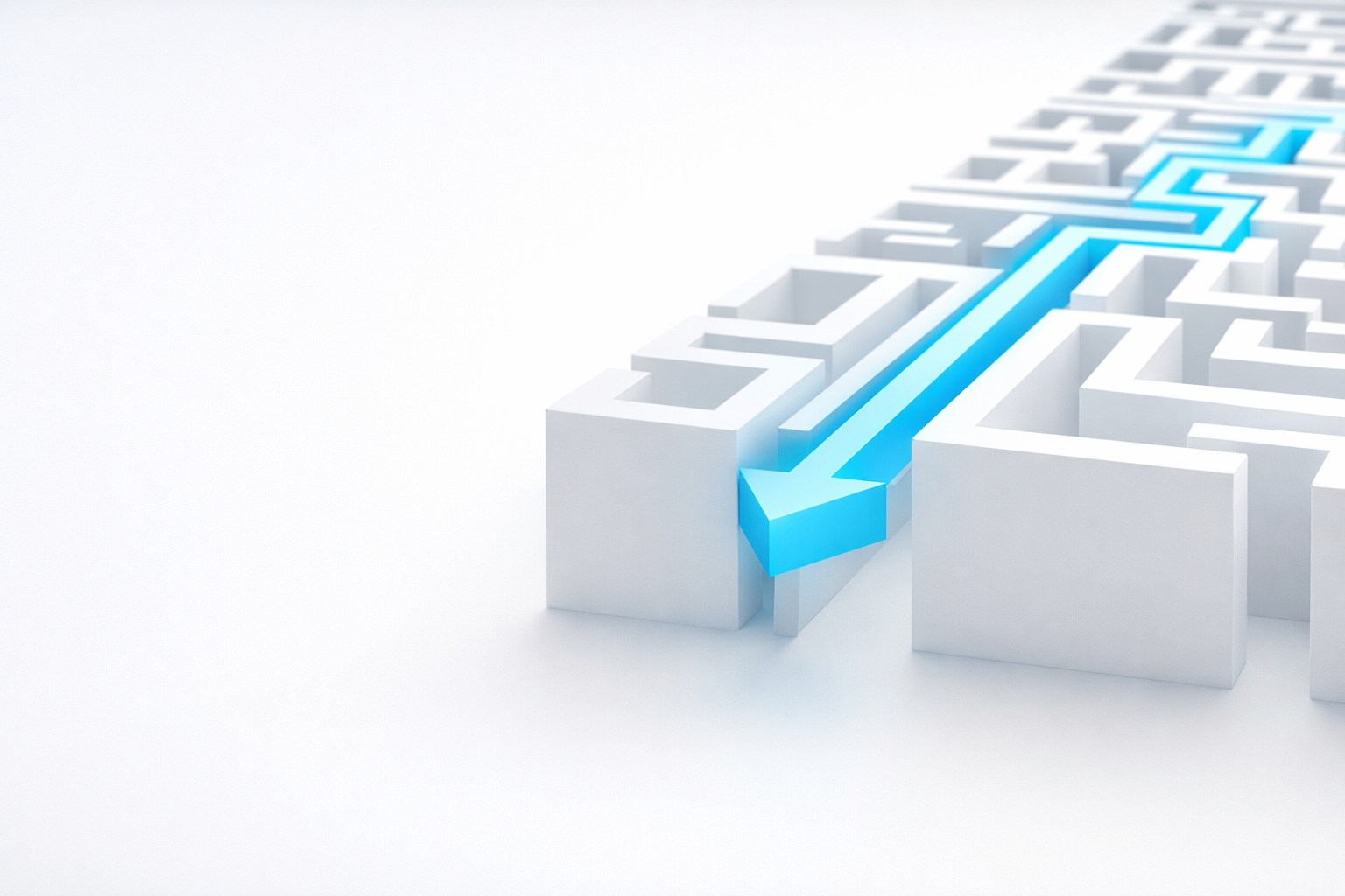 Blue arrow cutting a direct path through a white maze