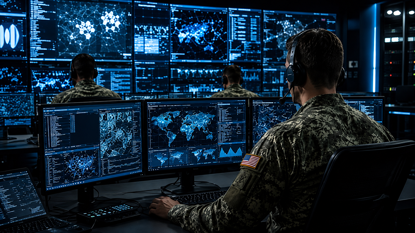 Defense personnel monitoring global operations in a command center
