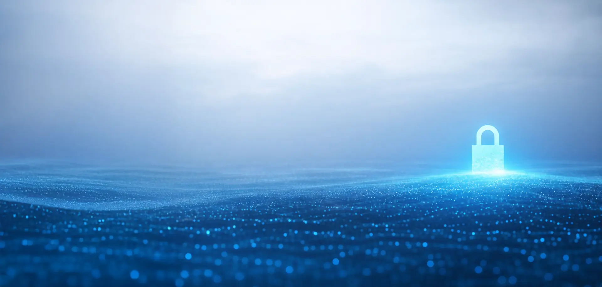 Glowing padlock over a field of blue digital particles