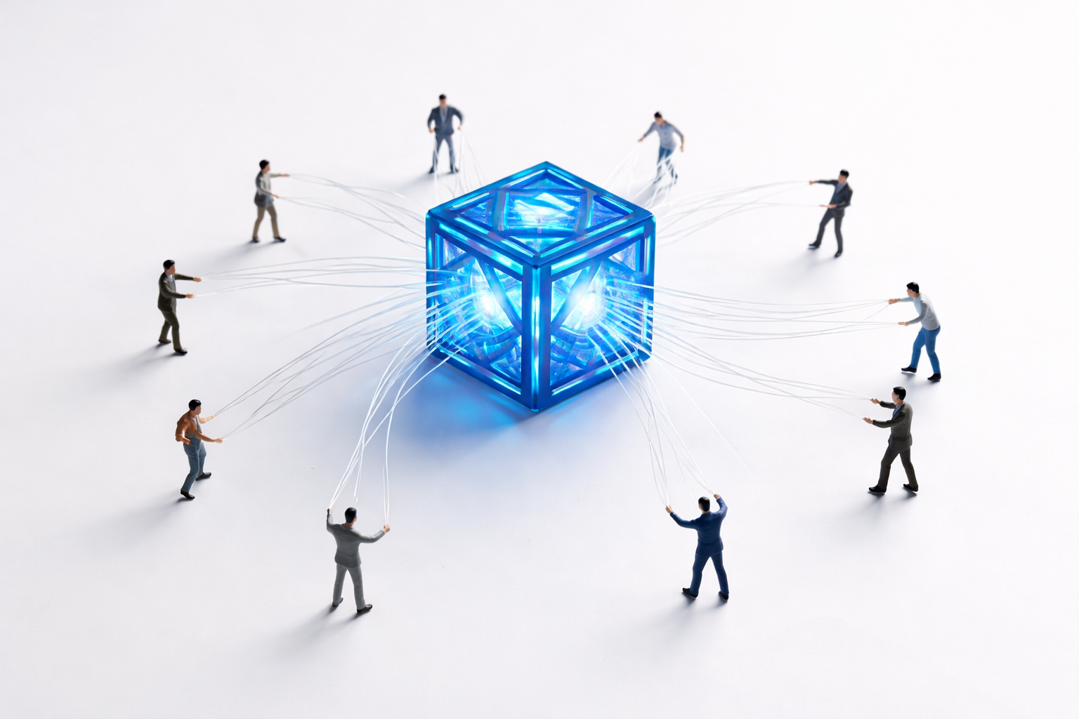 Team connected to a glowing blue cube of data