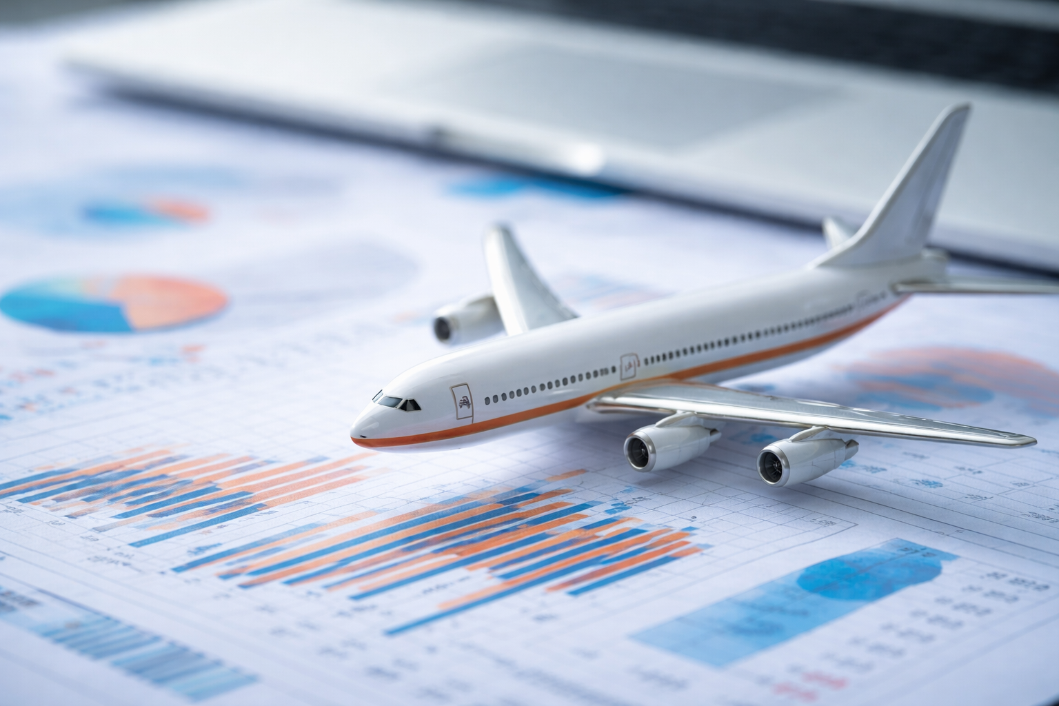 Model airplane resting on printed performance charts beside a laptop