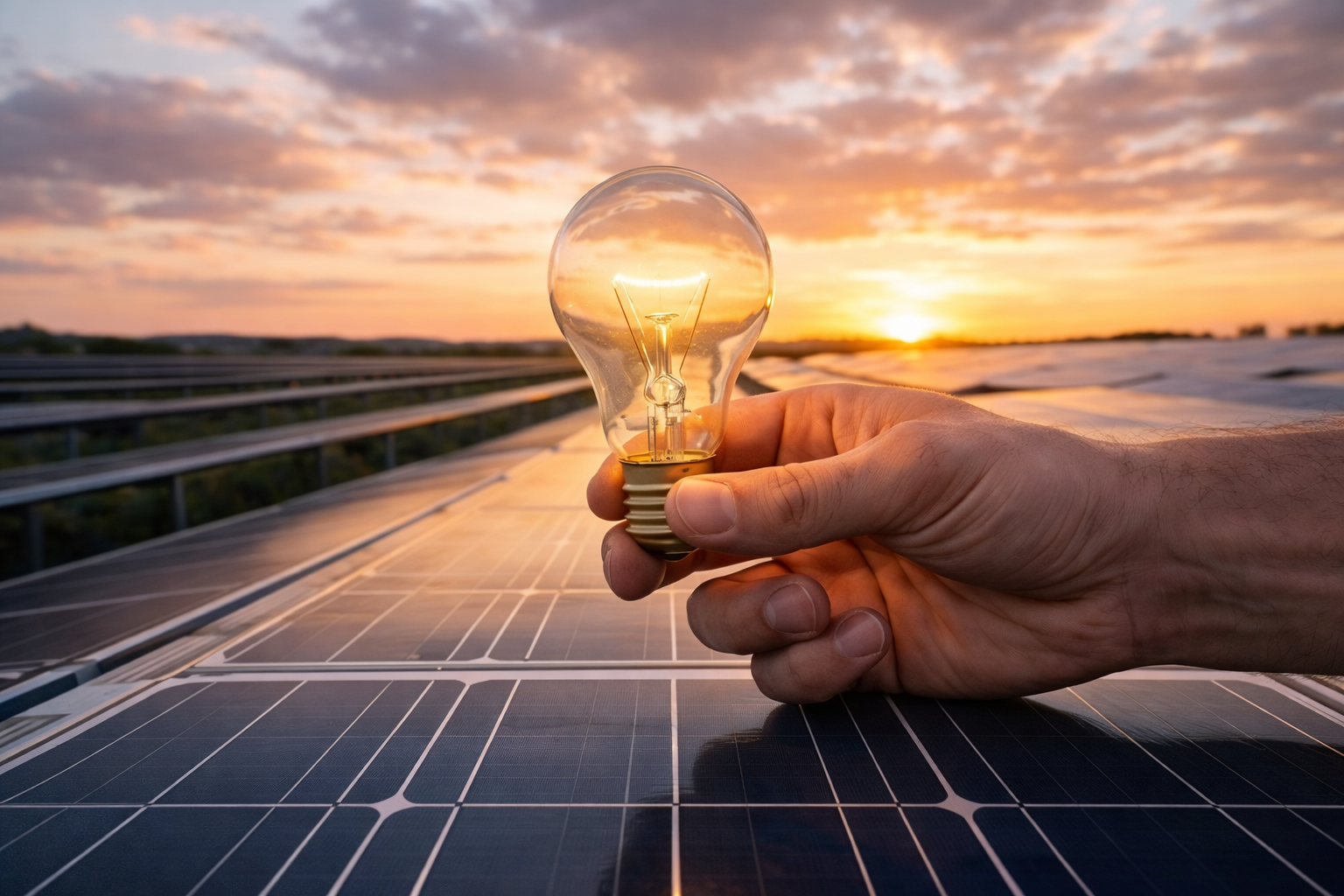 Hand holding a lit bulb above solar panels at sunset