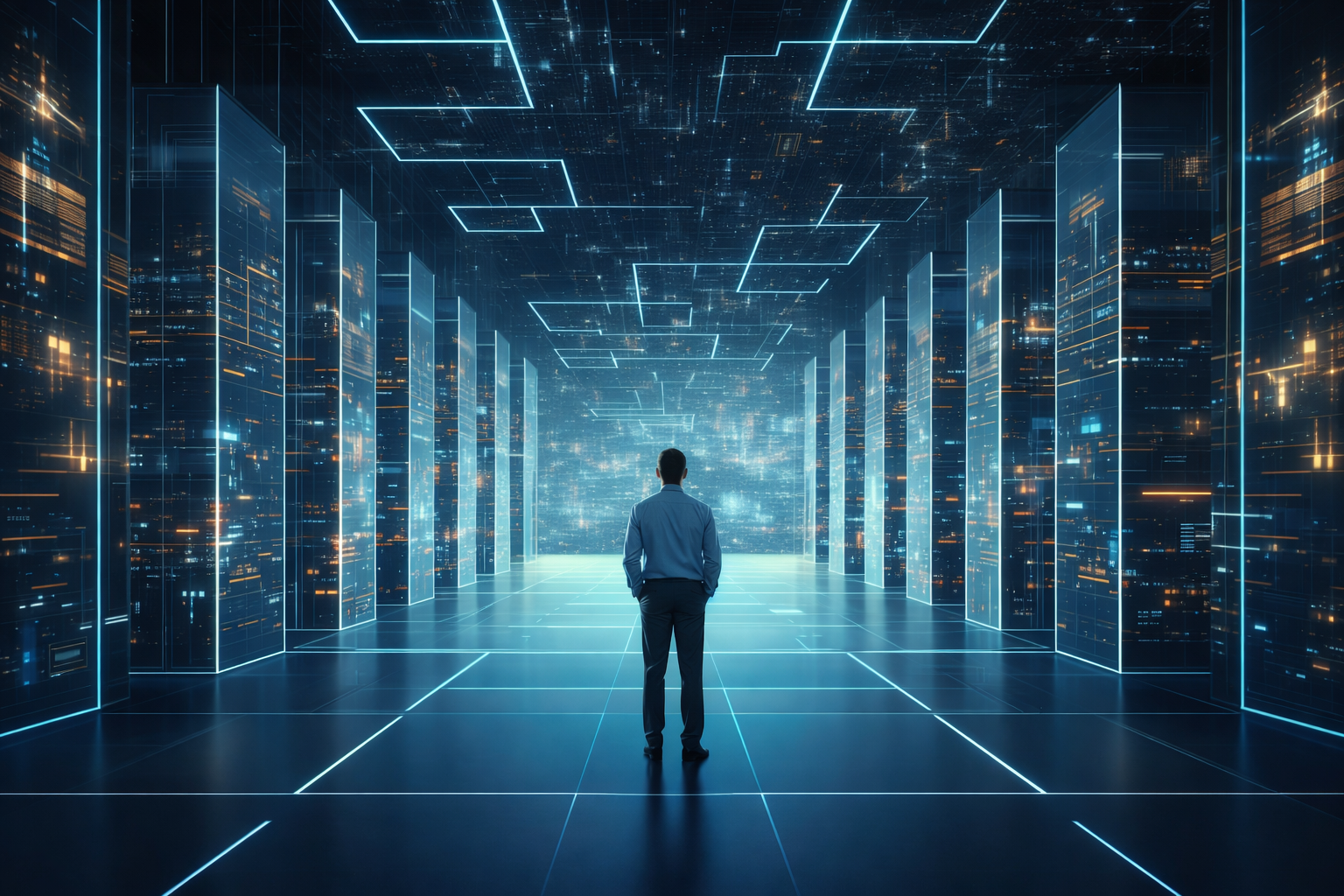 Professional standing in a futuristic data center corridor