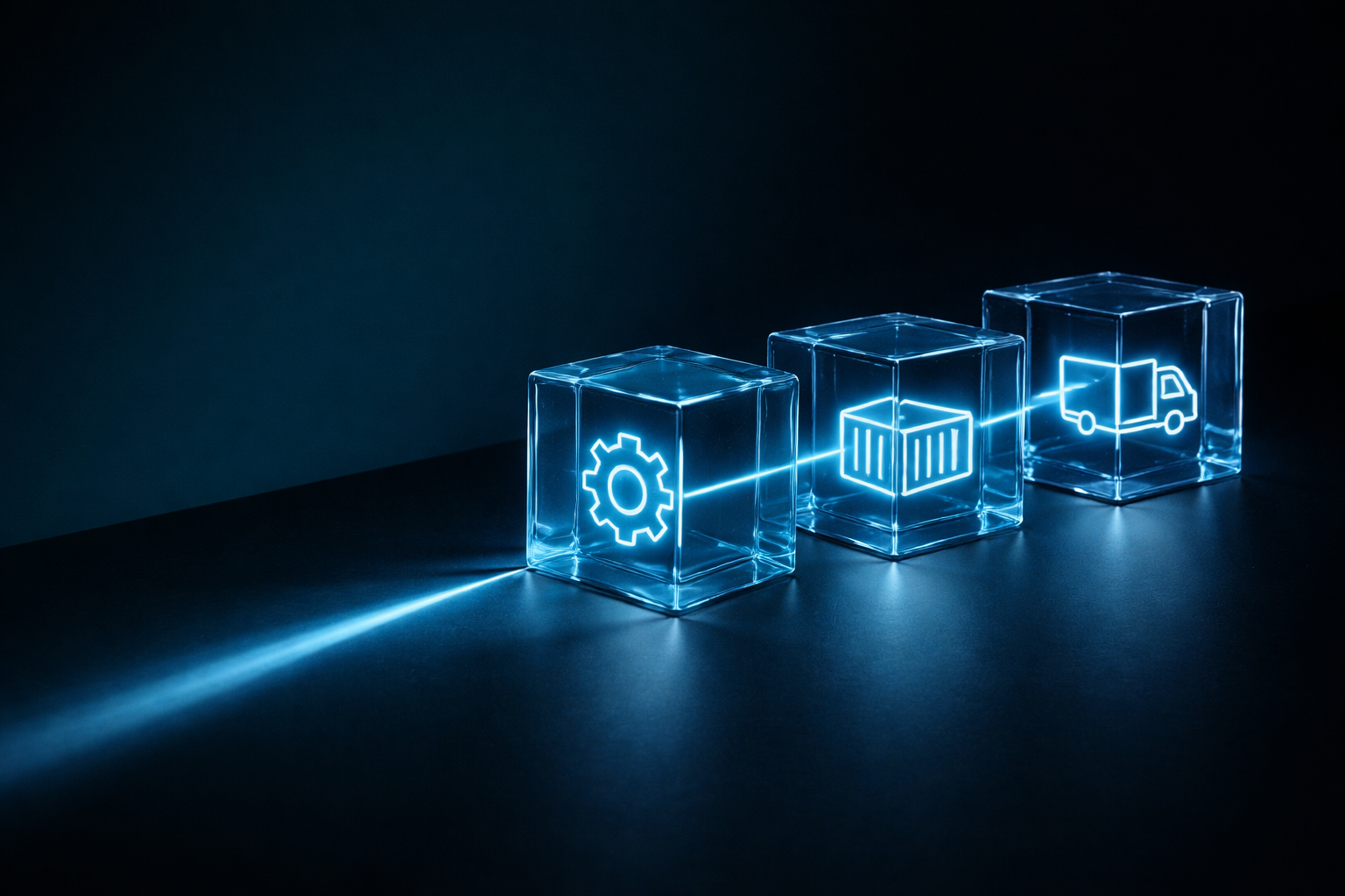 Glowing blue glass cubes with gear, container, and delivery truck icons connected by a light beam
